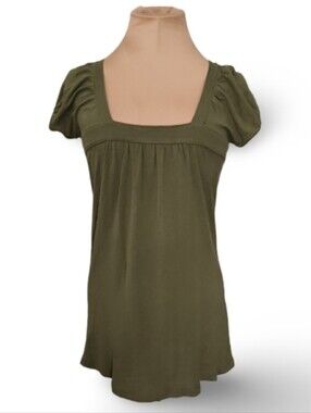Y2K‎ One Step Up Olive Green Puff Sleeve Square Neck Top Size M Babydoll